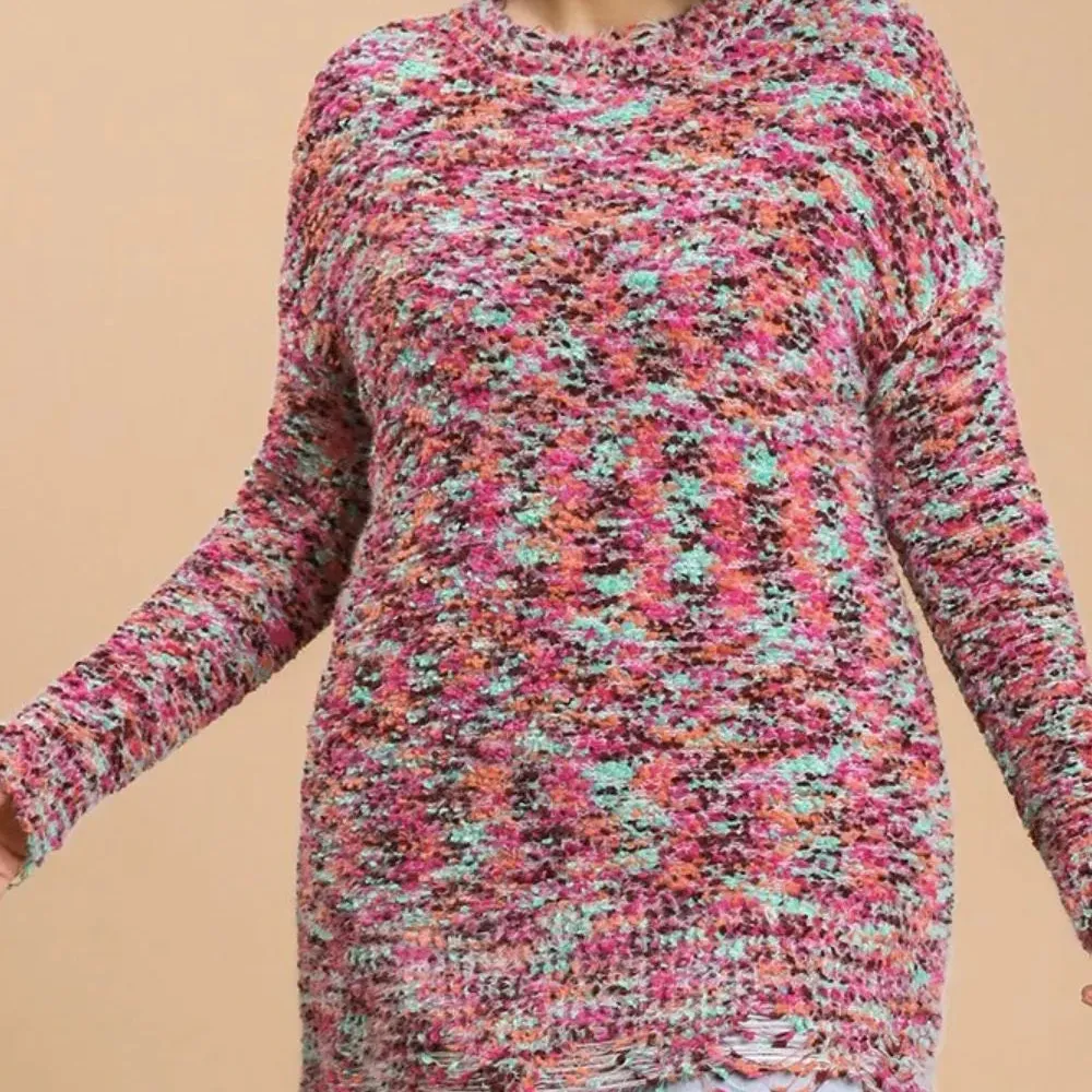 Distressed Hem Round Neck Knit Tunic Dress