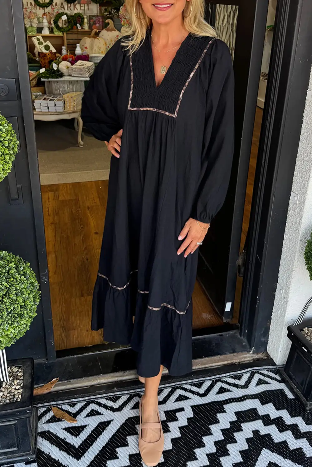 Maxi Collared V Neck Smocked Detail Contrast Leopard Trim