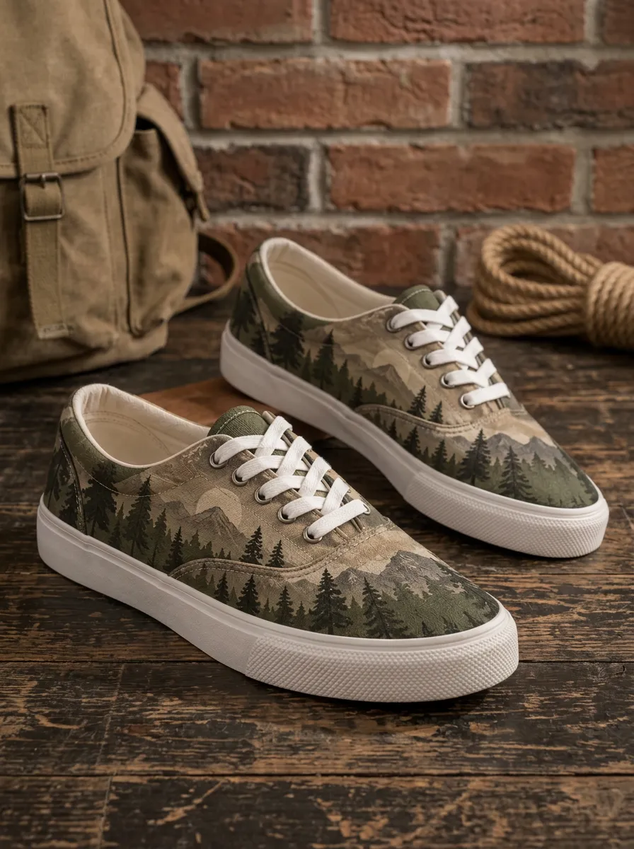 Men's Detailed Nature Lover Mountain Forest Patterned Canvas Shoes