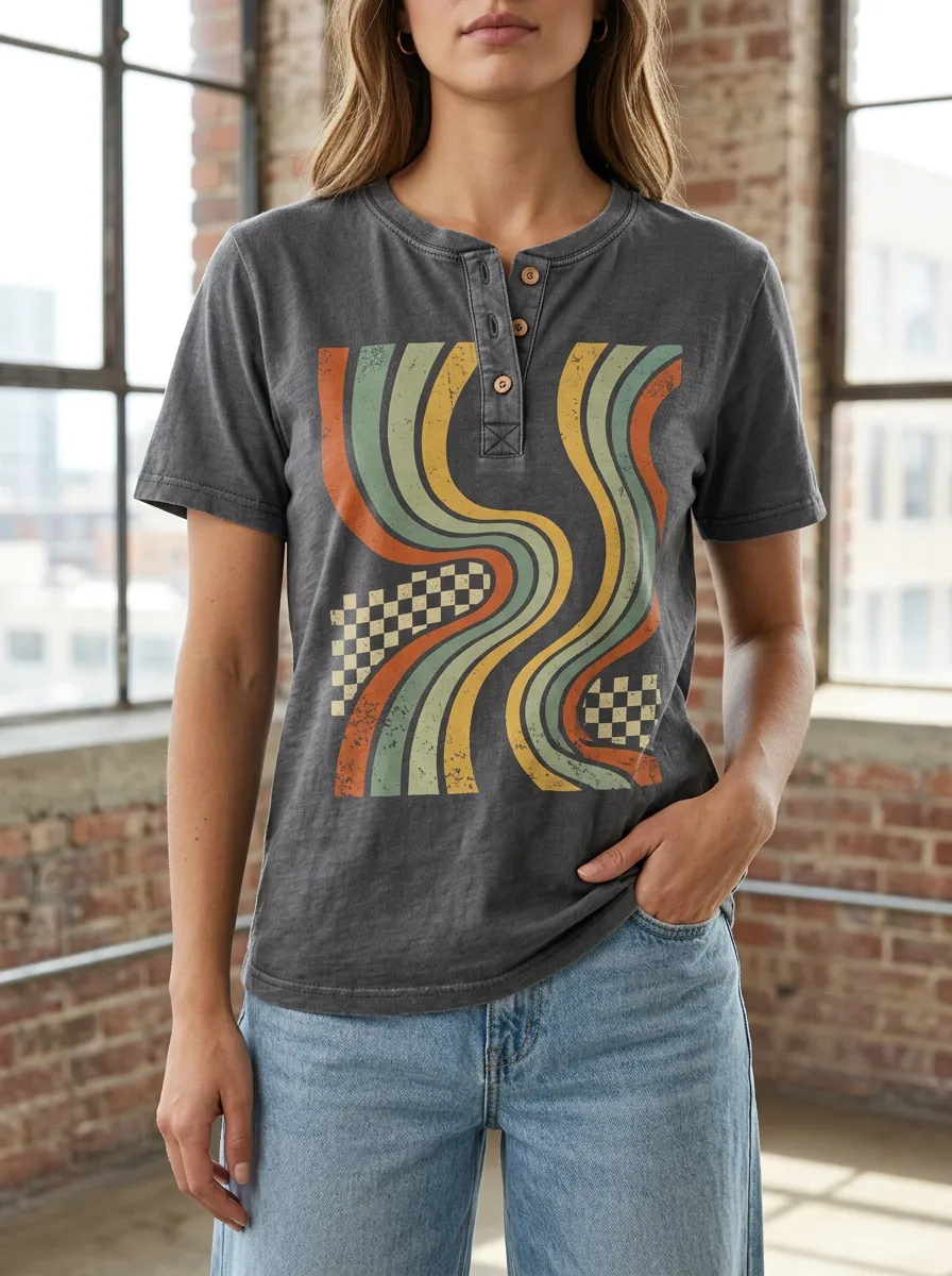 Women's Retro Wavy Checkerboard Printed Henley T-shirt