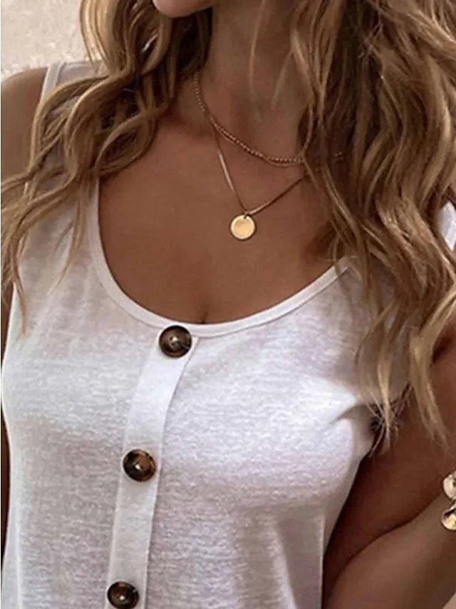 Women's Tank Top Black White Light Green Plain Button Sleeveless Casual Basic U Neck Regular S