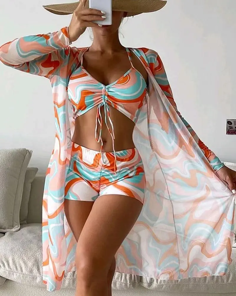 3PCS Abstract Print Drawstring Bikini Set With Cover Up