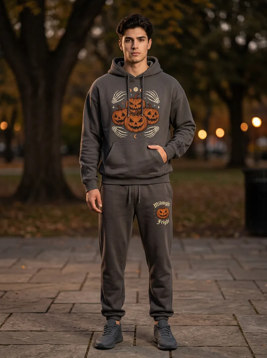 Men's Halloween Charcoal Pumpkin Skeleton Kangaroo-Pocket Hoodie Jogger Set