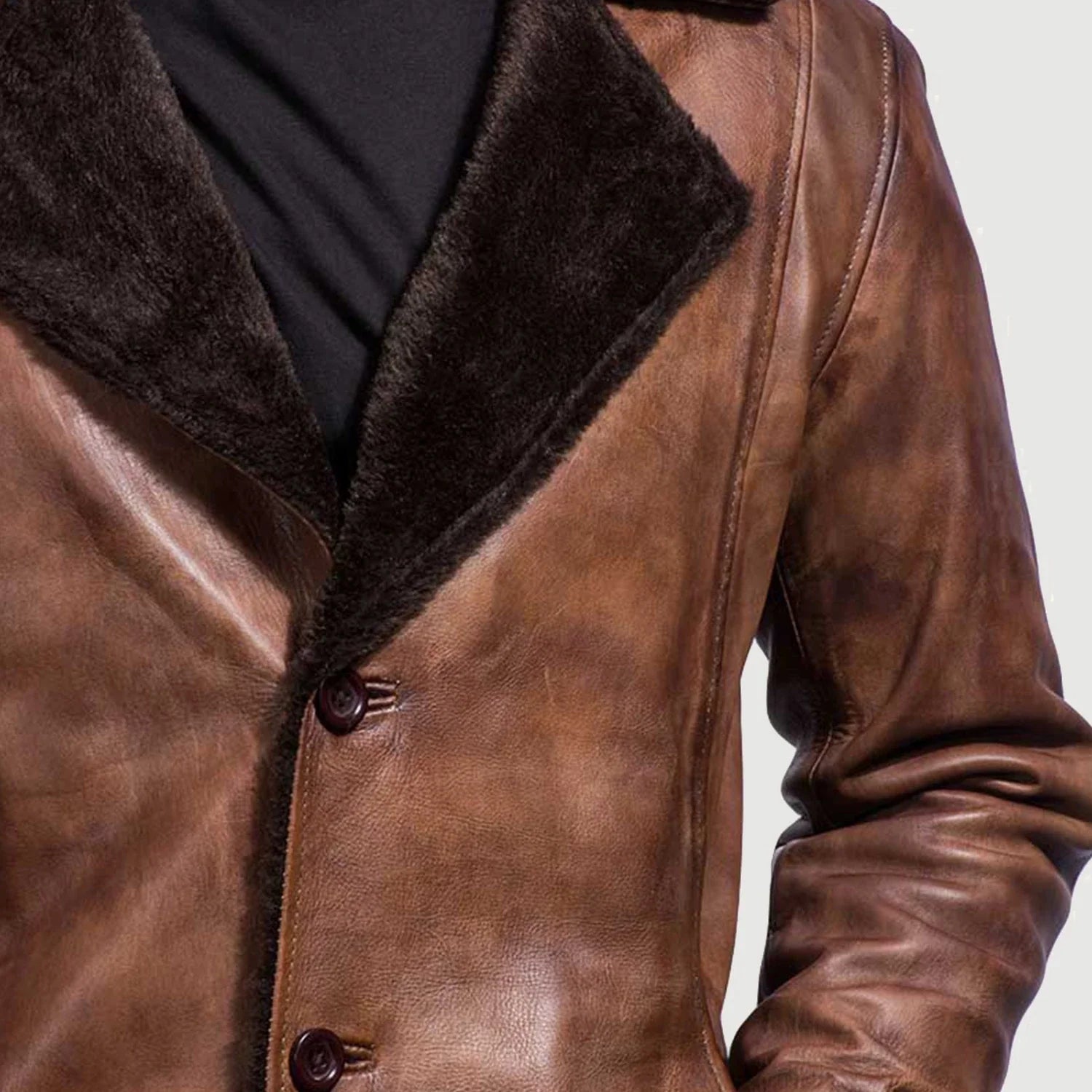 Men's Leather Fur Trim Distressed Coat