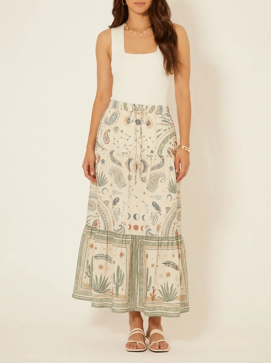 Women's Celestial Boho Cactus Paisley Graphic Maxi Skirt