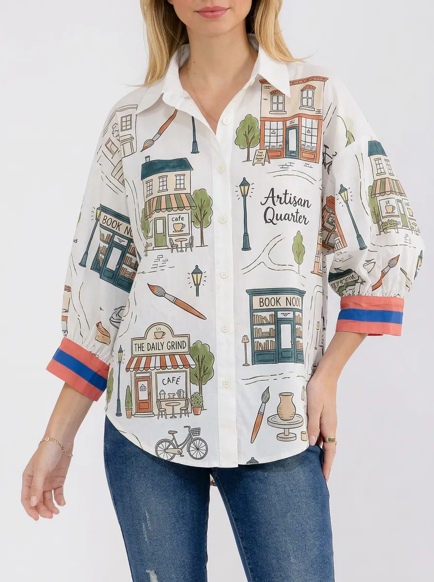 Women's Artisan Quarter Town Street Graphic Button-Up Shirt