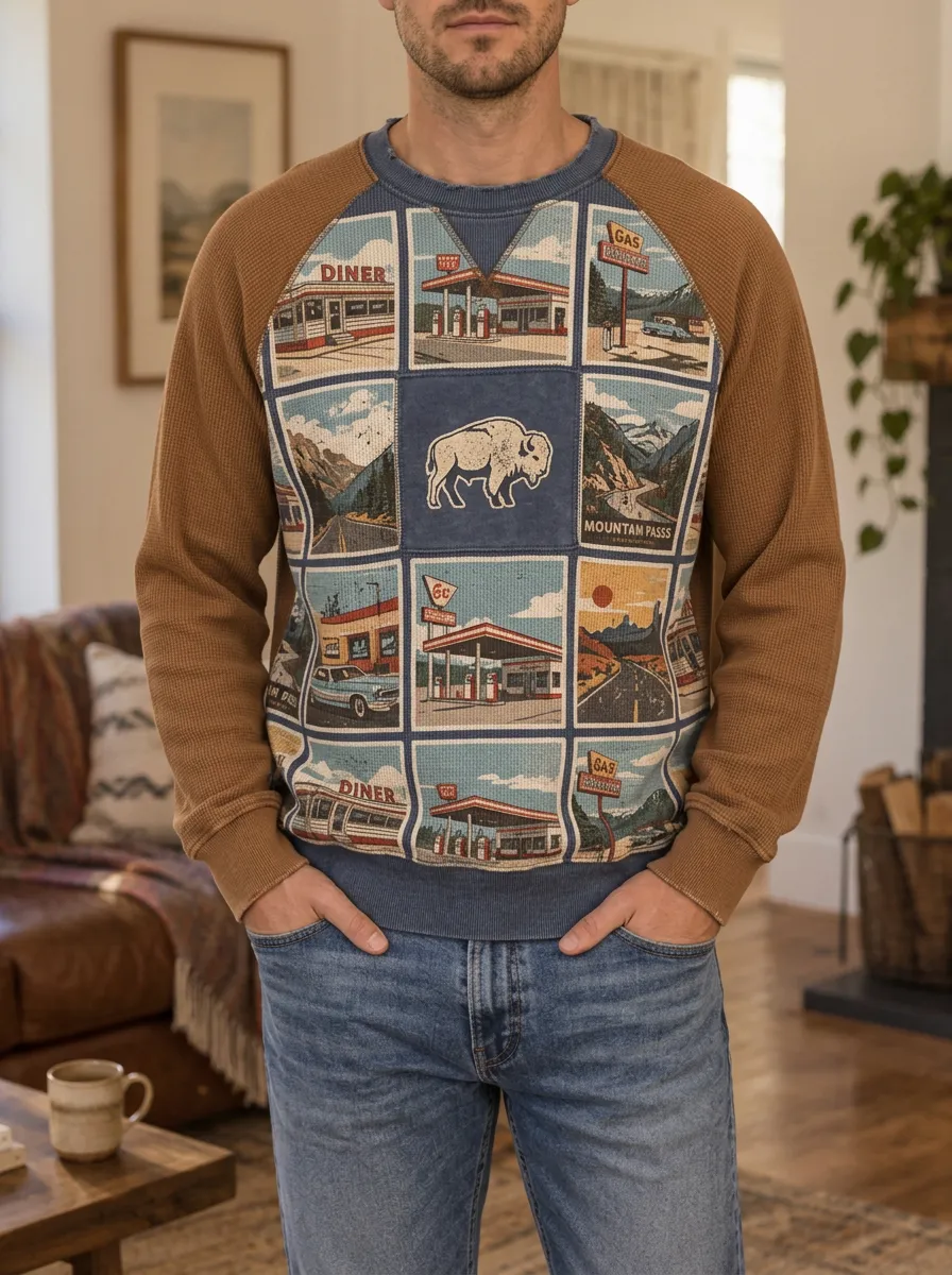Men's Vintage Road Trip Buffalo Printed Waffle Knit Sweatshirt