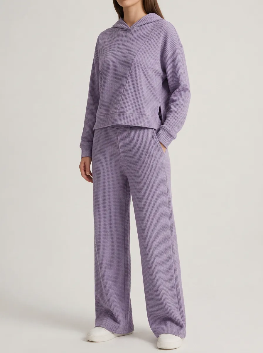 Women's Casual Purple Waffle Knit Hooded Top