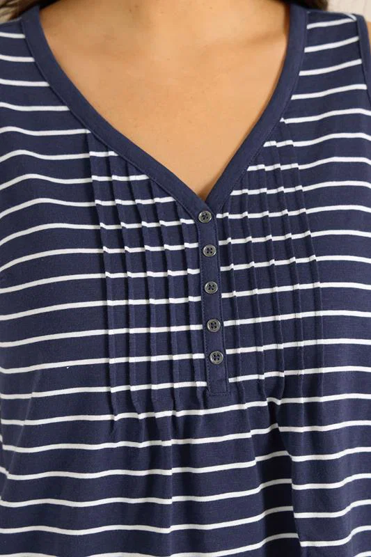 Navy Blue Stripe Cotton Henley Vest Top detail 3