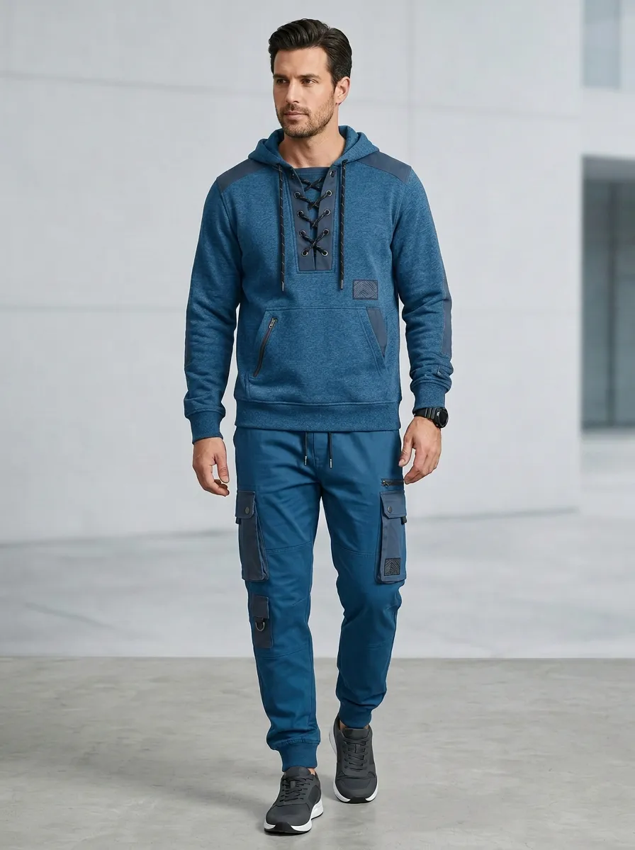 Urban Lace-Up Multi Pocket Design Men's Lace Up Hoodie And Cargo Jogger Set