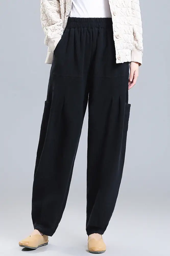 Versatile Linen Cotton Wide Leg Elastic Waist Pocketed Trousers