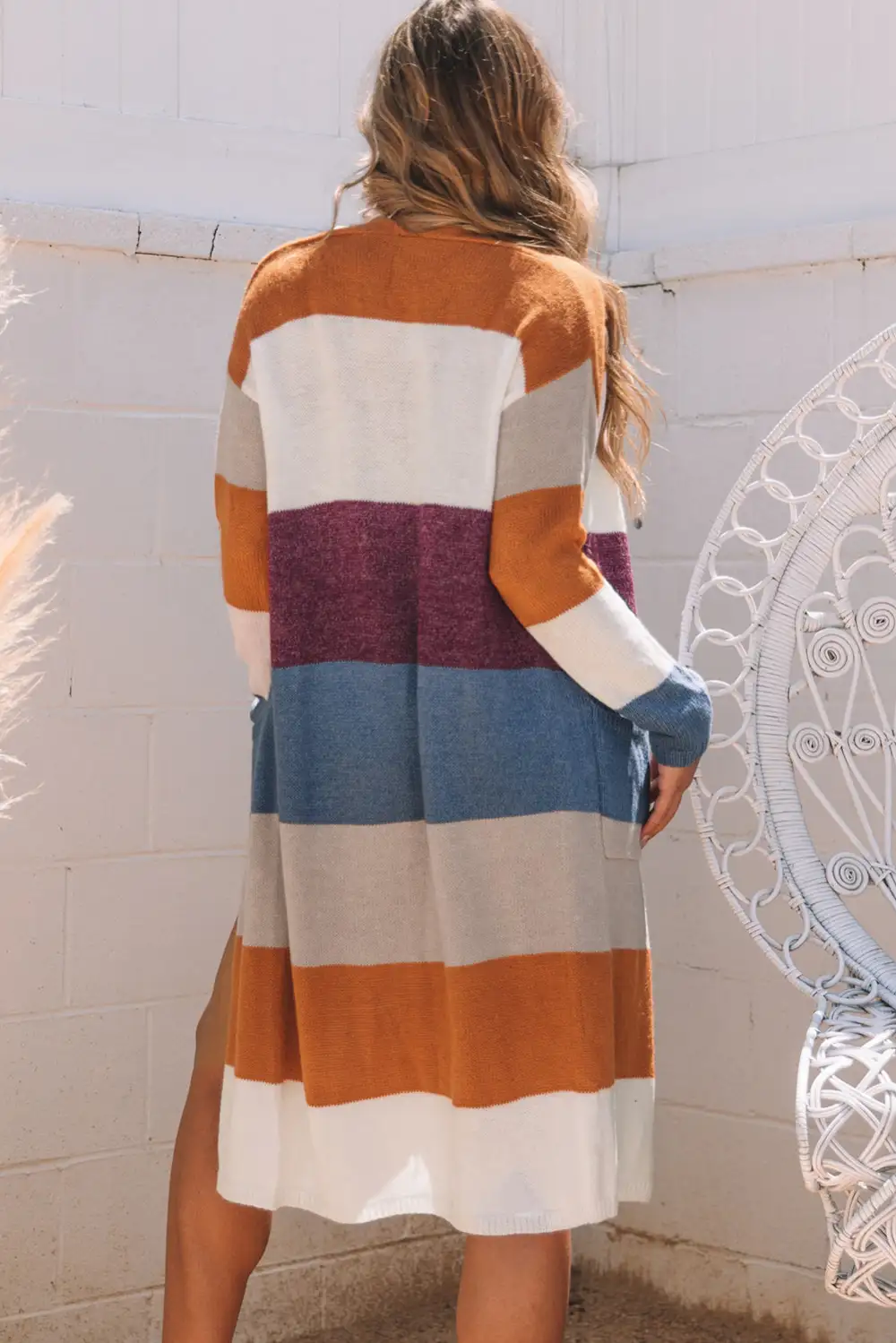 Carbon Color Block Open Front Long Knit Cardigan