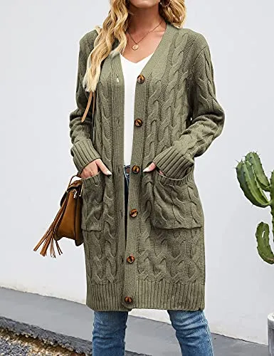 Womens Long Sleeve Cable Knit Long Cardigan Open Front Button Sweater Outerwear