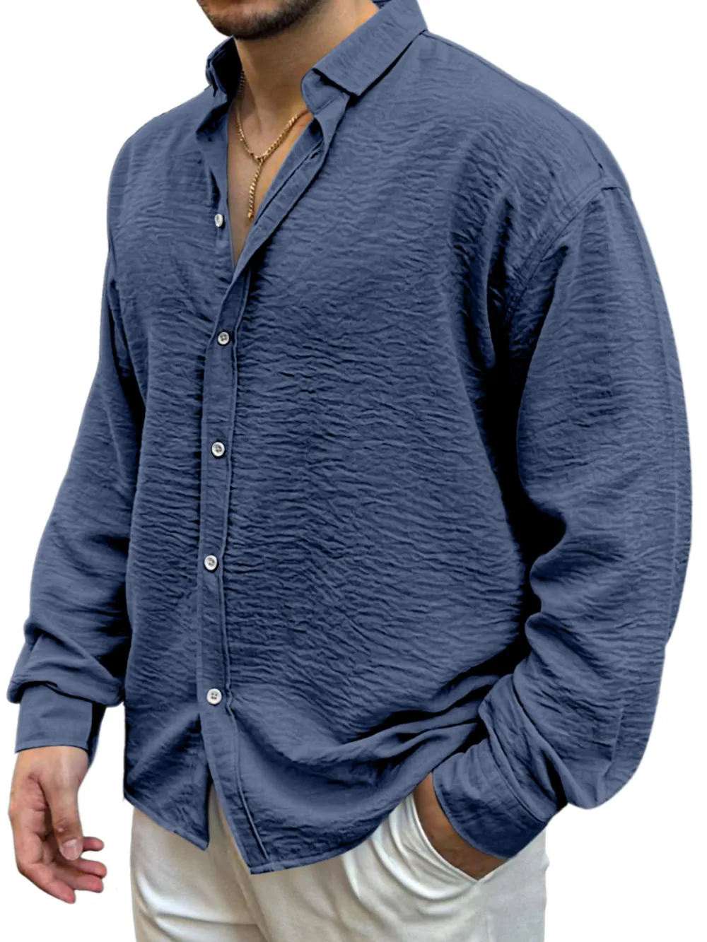 Garment Washed Camp Collar Pleated Front Shirt