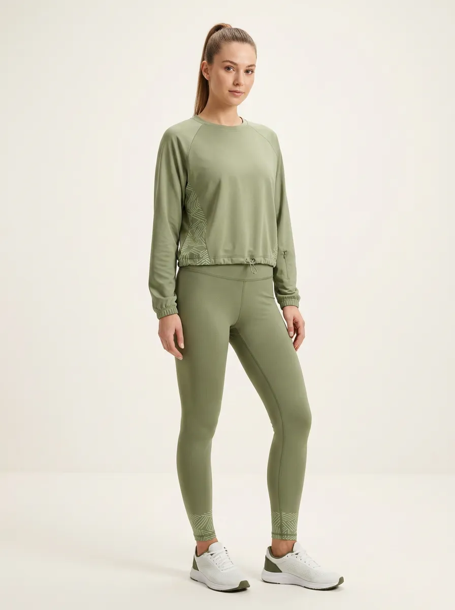 Women's Olive Green Geometric Pattern Printed Activewear Set
