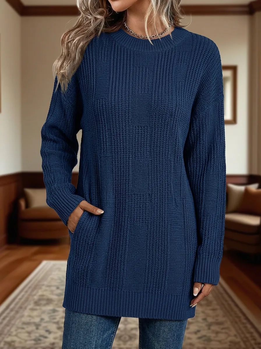 Women's Navy Blue Ribbed Knit Pocket Crewneck Sweater