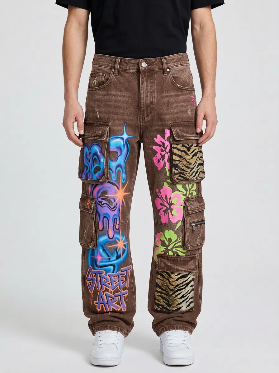 Men's Streetwear Graffiti Hibiscus Tiger Print Graphic Cargo Jeans