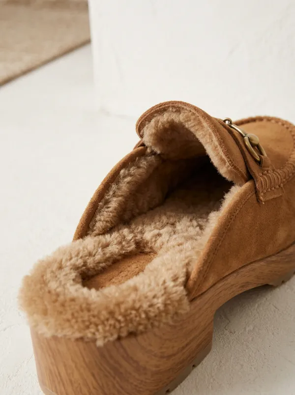 Women's Faux Fur Lined Metal Detail Clog Style Casual Suede Wood Sole Loafers