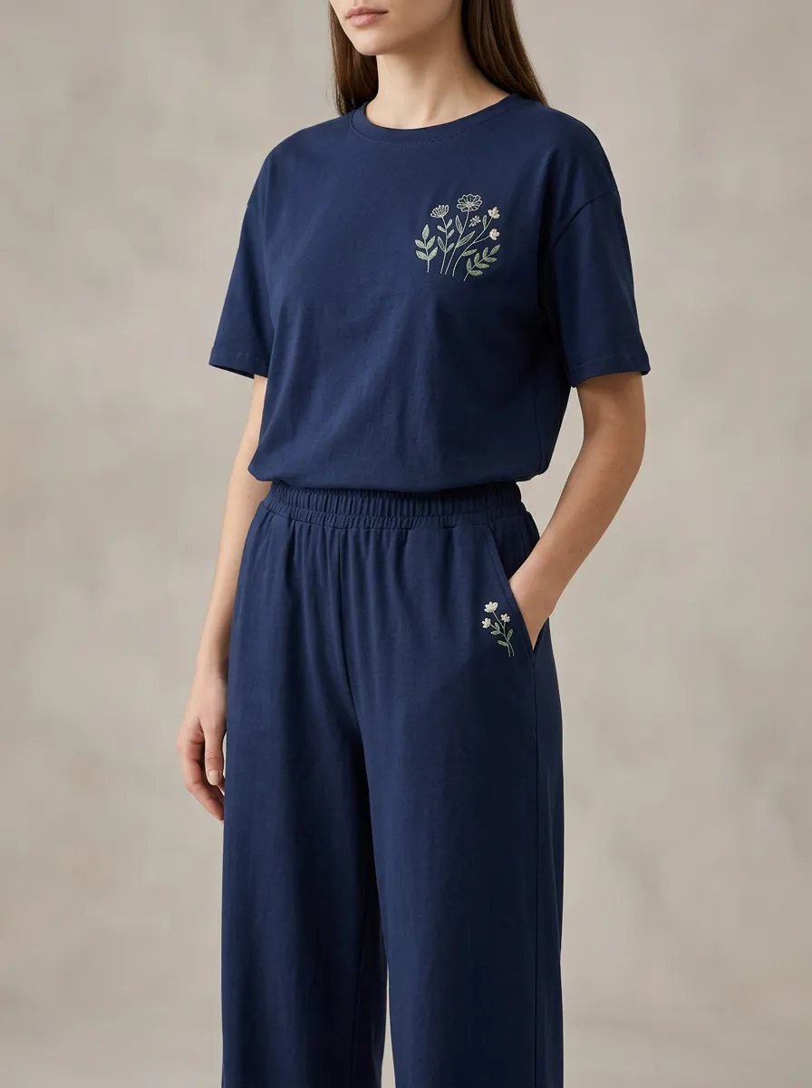 Women's Floral Embroidered Drop-Shoulder Crewneck Top And Wide-Leg Trouser Lounge Set