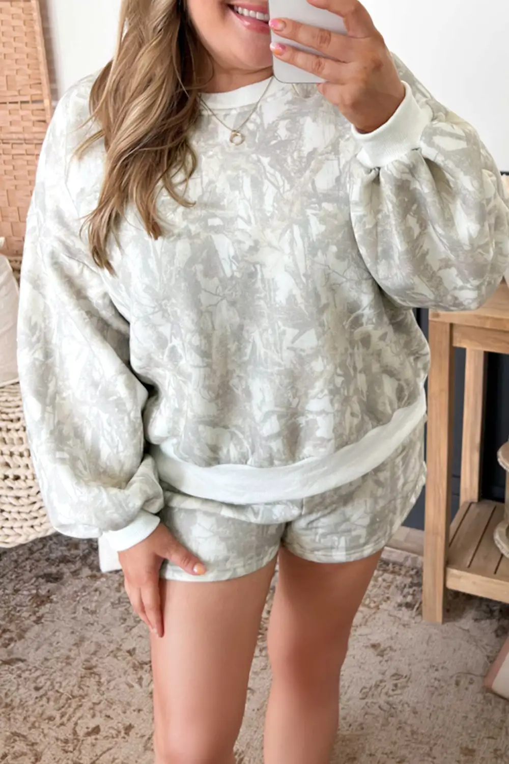 Women's Woodland Camo Print Pullover and Shorts Two Piece Set