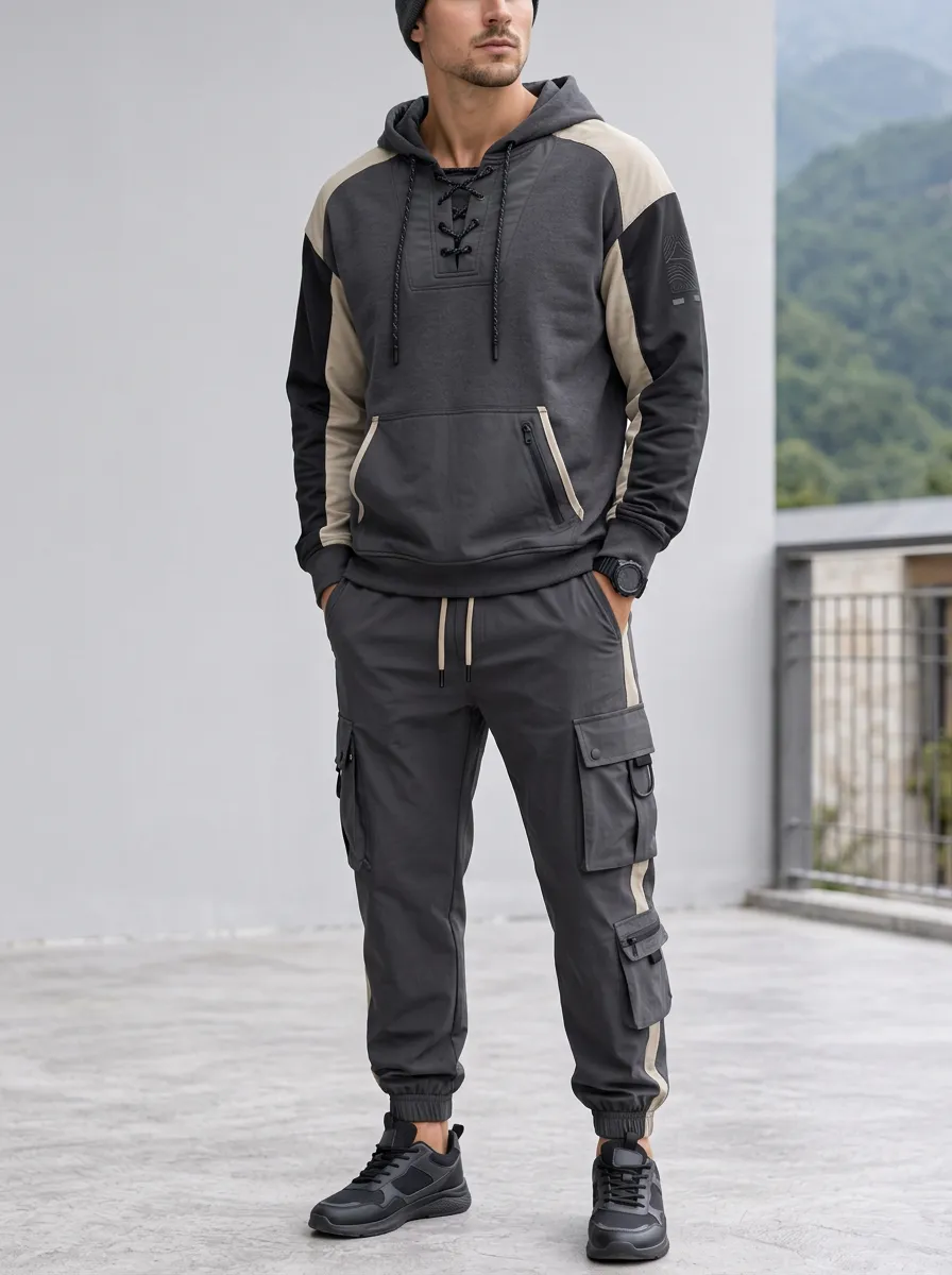 Urban Lace-Up Multi Pocket Outdoor Look Men's Lace Up Hoodie And Cargo Jogger Set