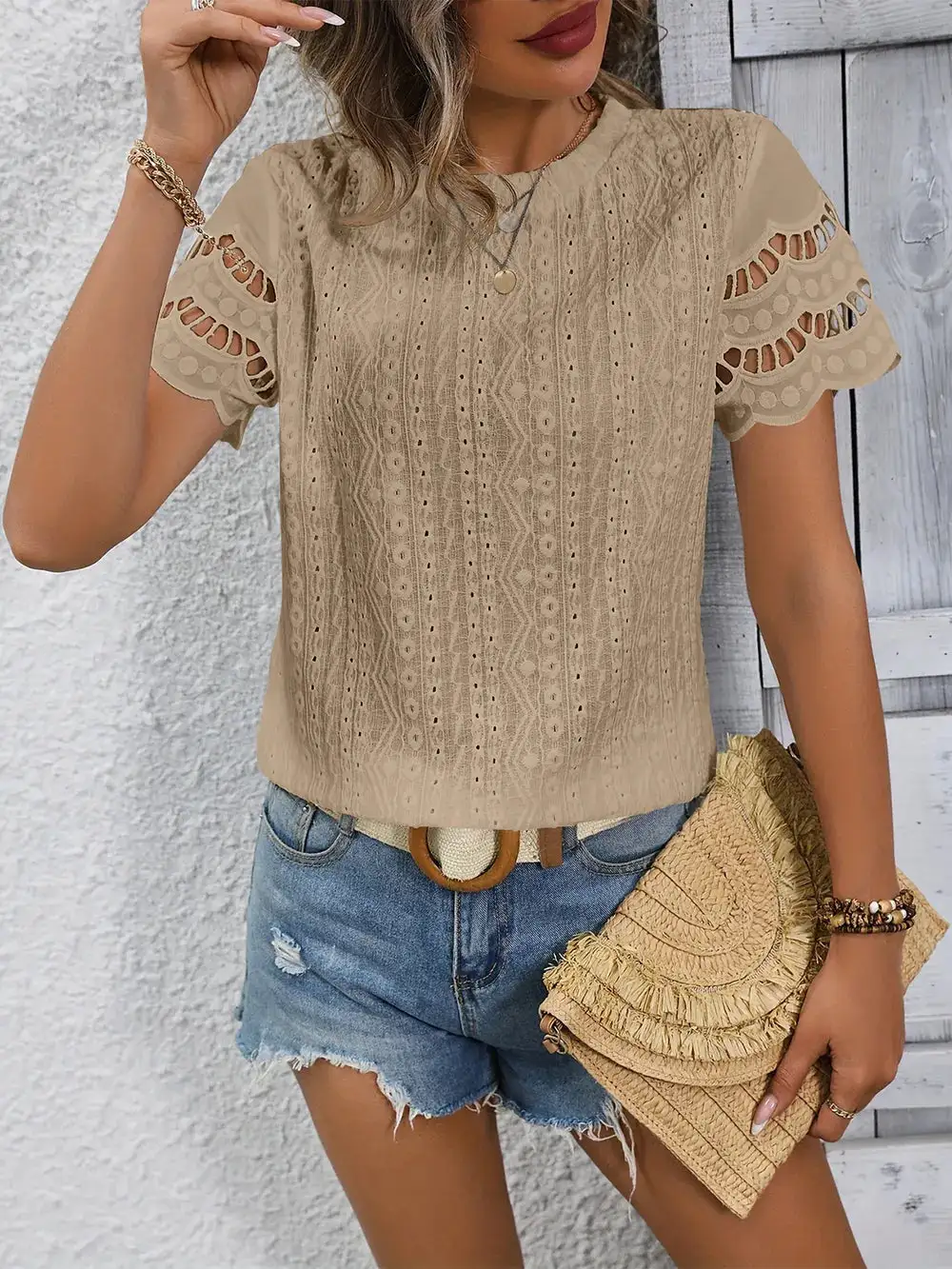 Eyelet Round Neck Short Sleeve Top