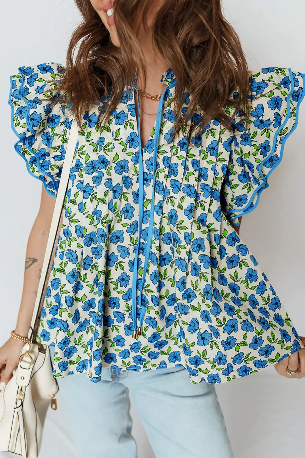 Women's Flower Motif Flutter Sleeve Pleated Top
