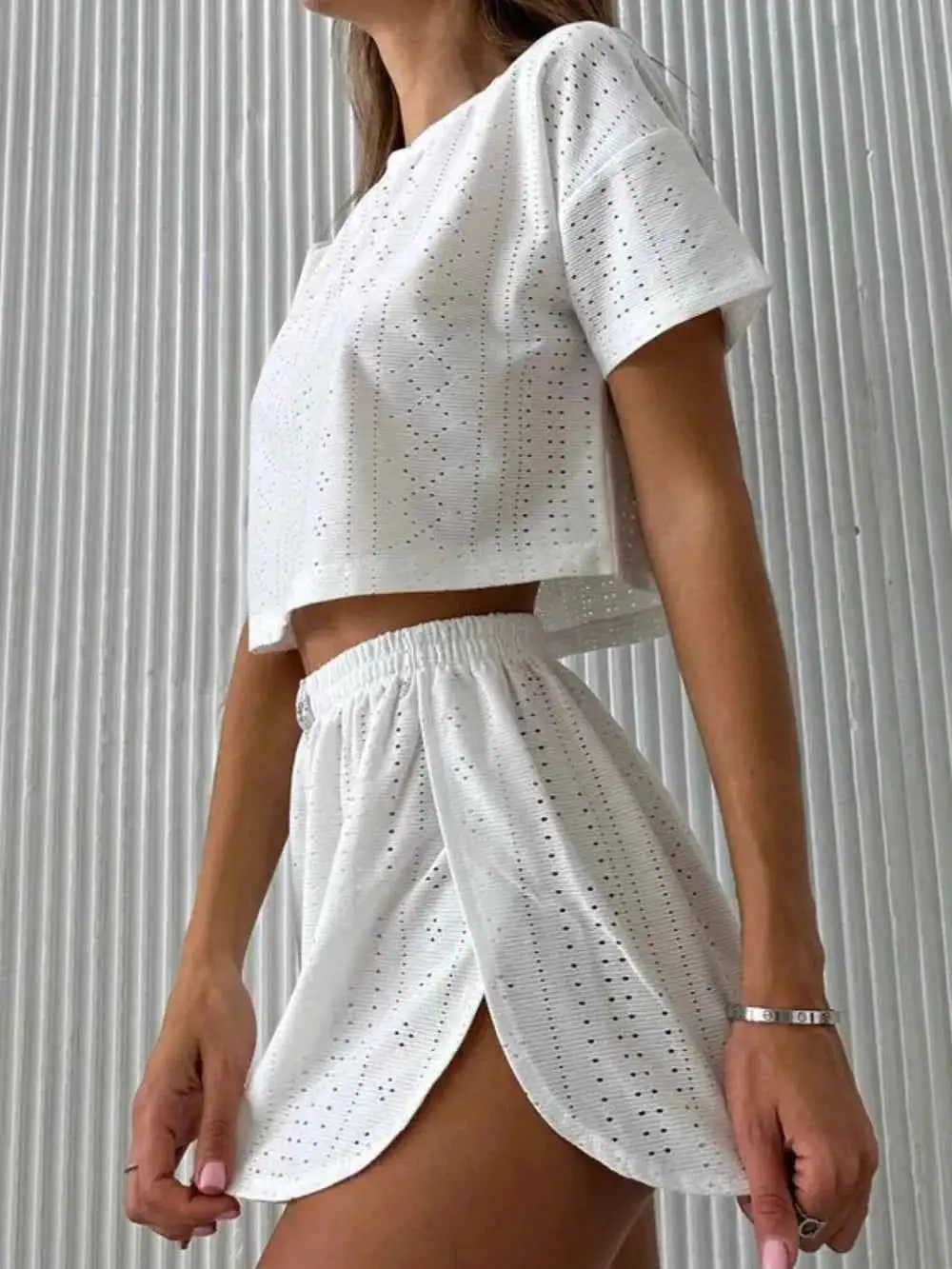 Pull On Eyelet Round Neck Top and Shorts Set