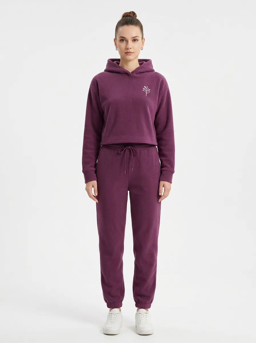 Women's Leaf Embroidered Cropped Hoodie Jogger Set