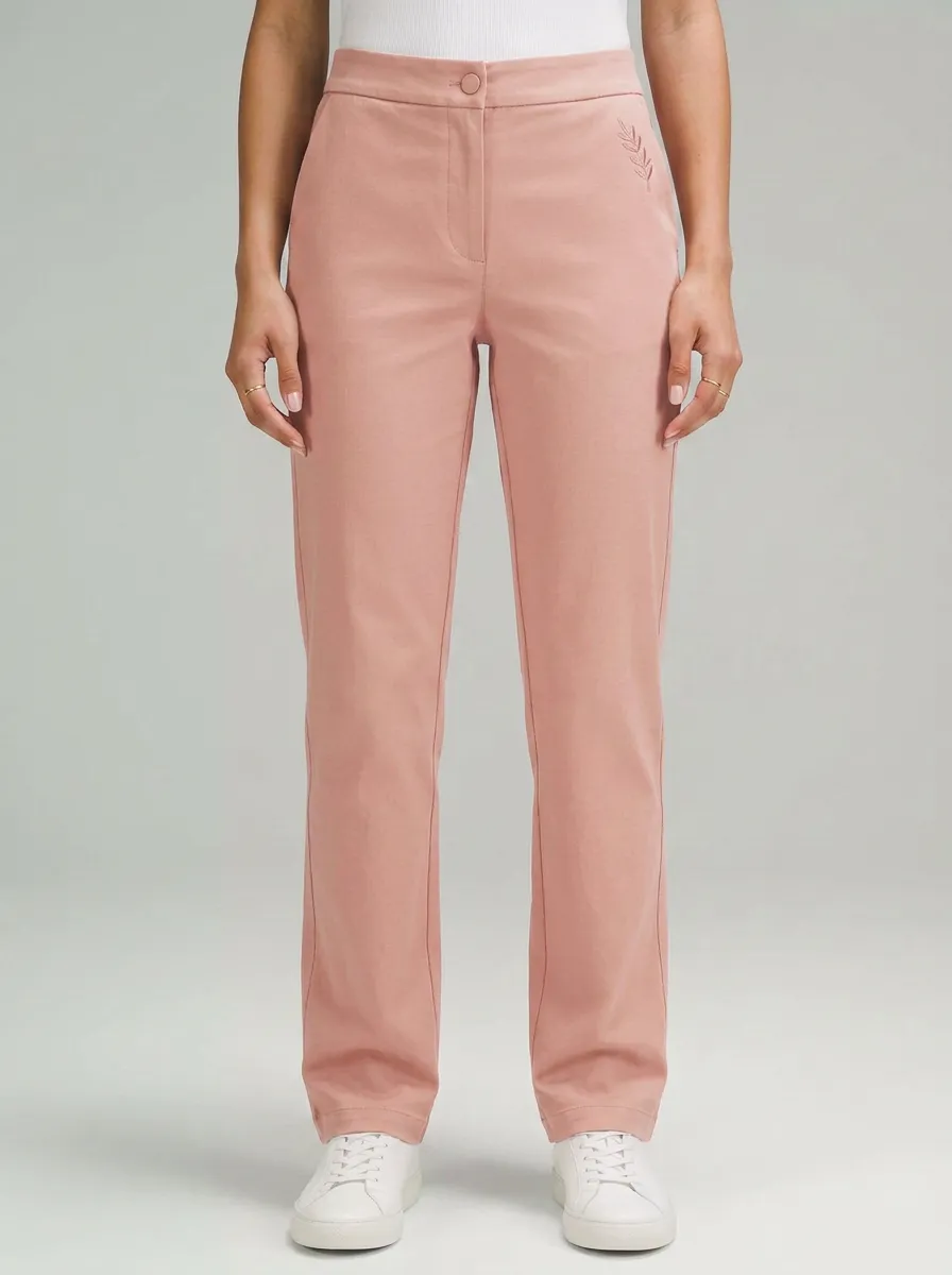 Women's Minimalist Nature Lover Leaf Embroidered Mid-Rise Straight Leg Pants
