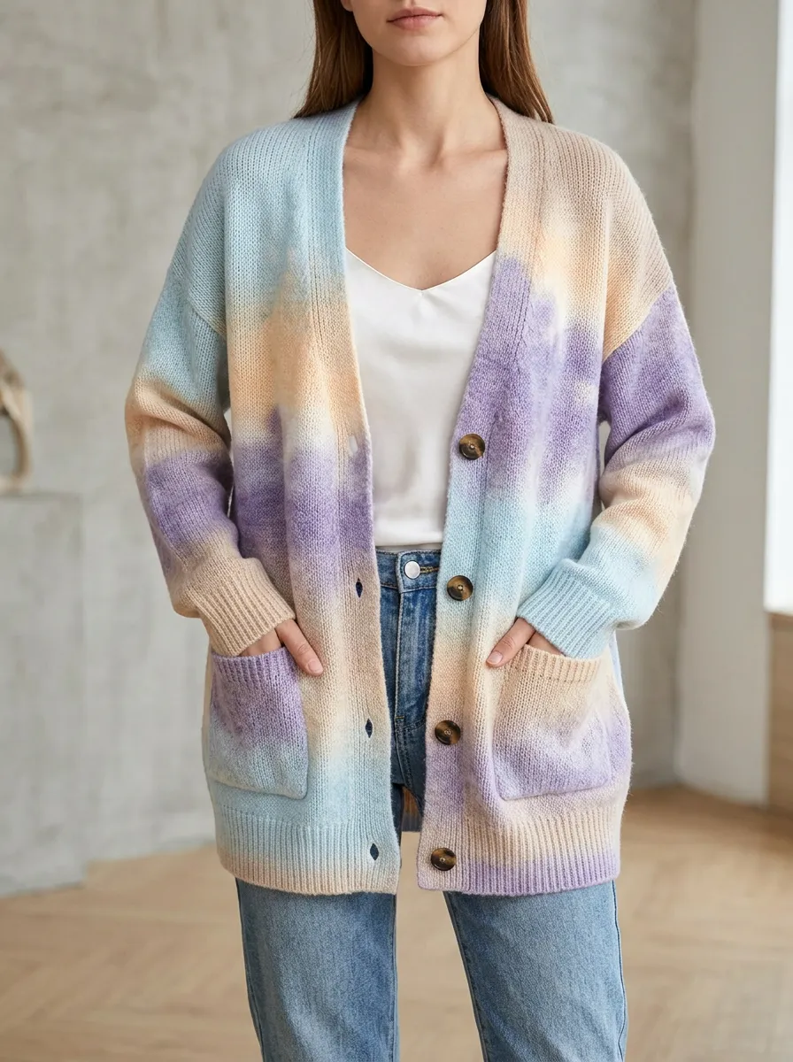 Women's Pastel Tie-Dye Pattern Knitted Button-Down Cardigan