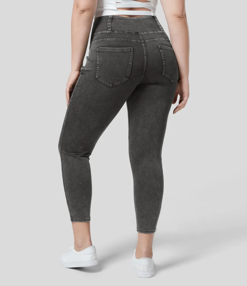 Magic High Waisted Crossover Multiple Pockets Stretchy Knit Denim 7/8 Plus Size Work Leggings
