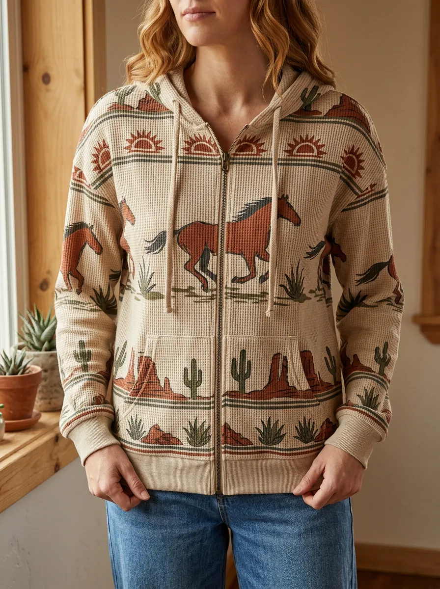 Women's Western Horse Cactus Desert Signature Detail Waffle Zip-Up Hoodie