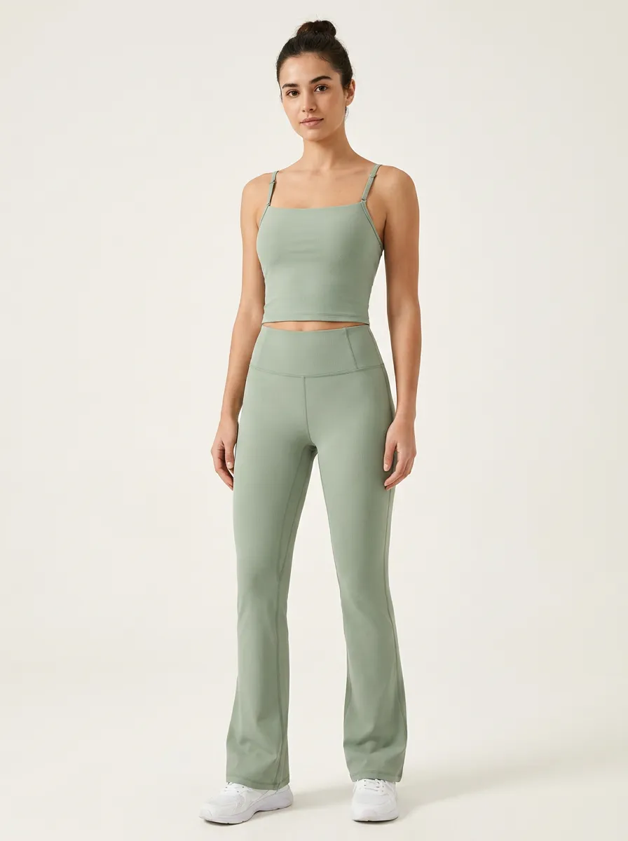 Women's Sage Green Ribbed Yoga Crop Top and Flared Leggings Set