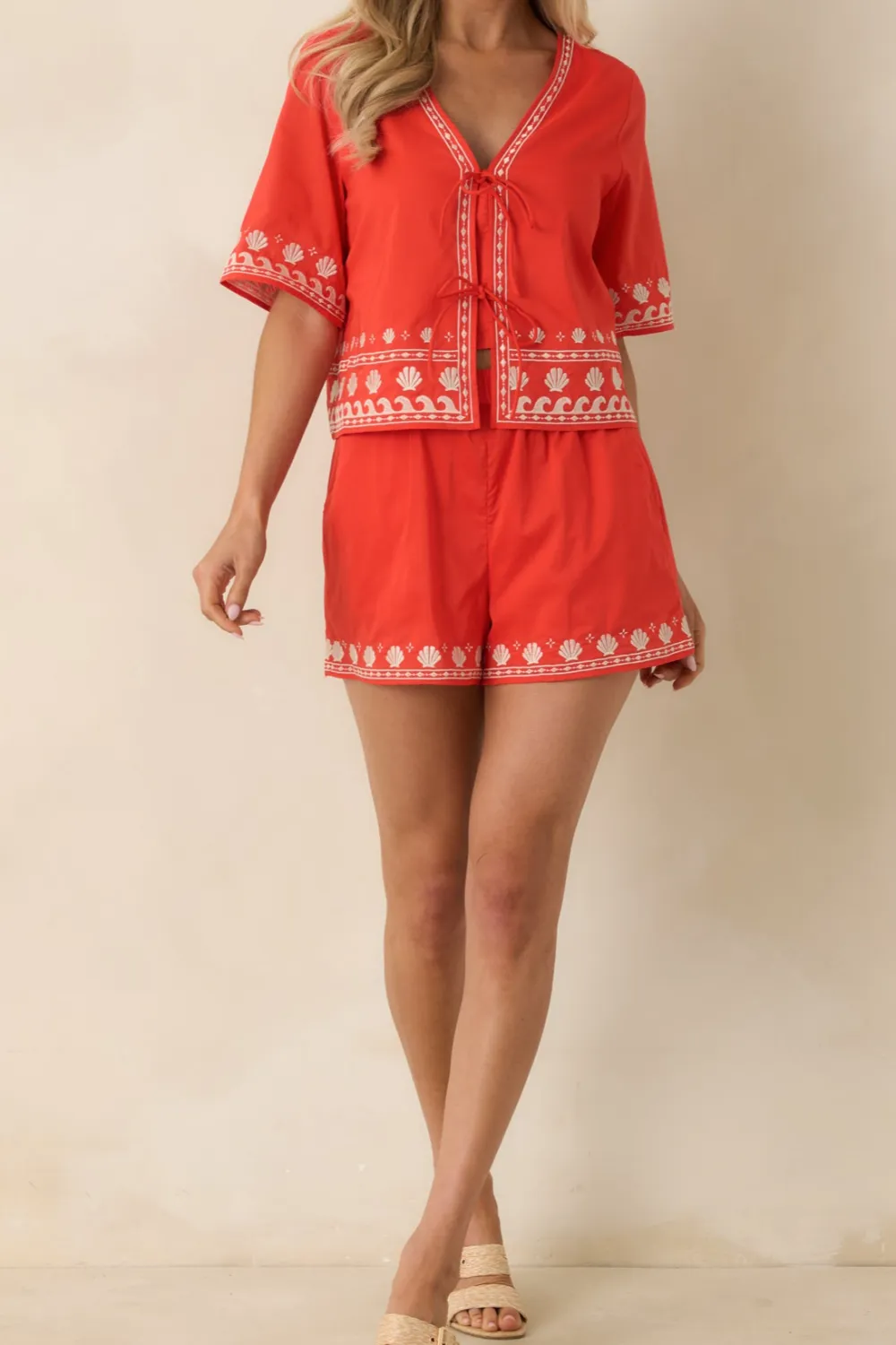 Poppy Wave Embroidered Cotton Shorts