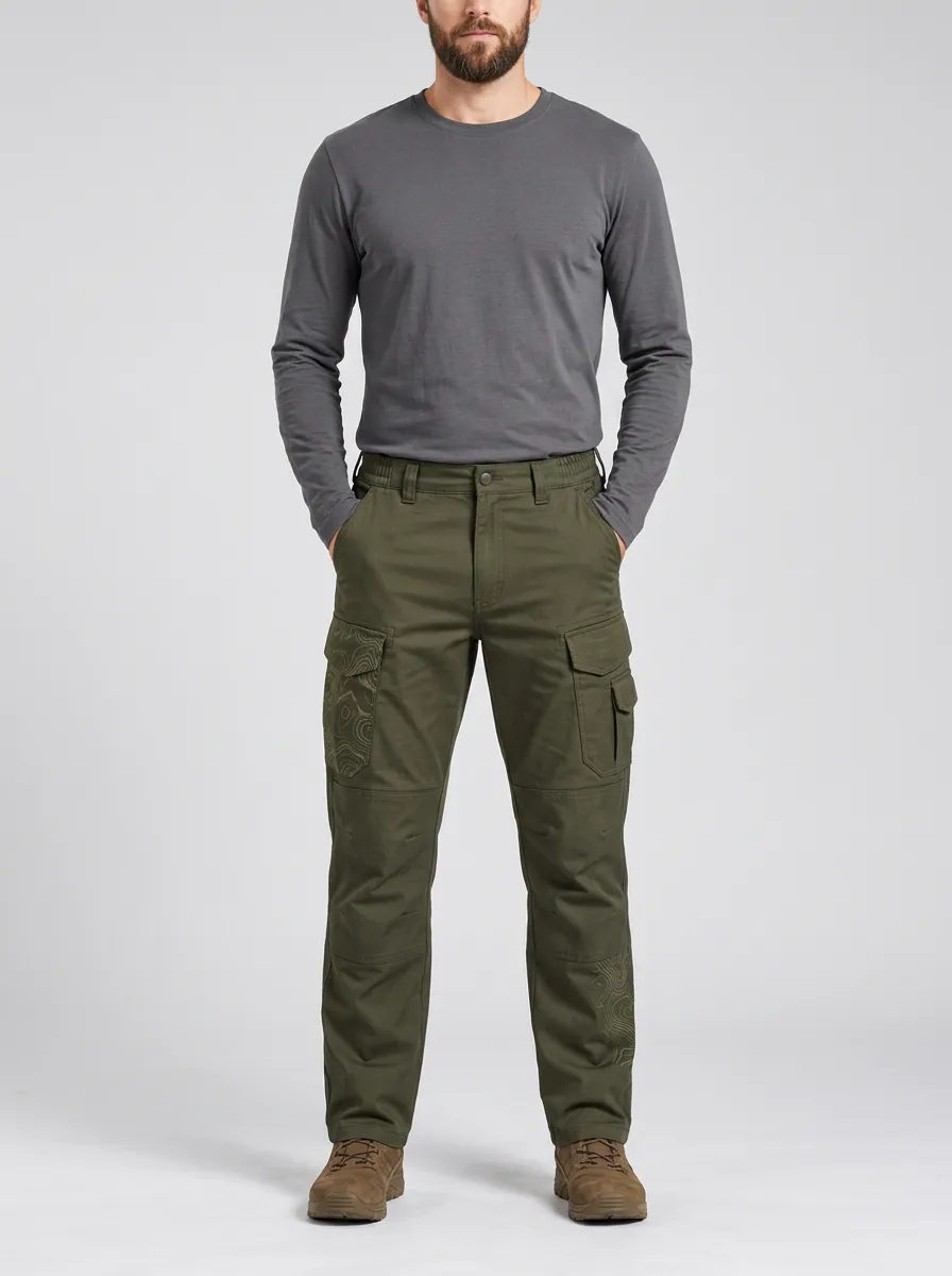 Men's Olive Green Topographic Multi-Pocket Reinforced Knee Integrated Webbing Belt Straight-Leg Tactical Cargo Pants