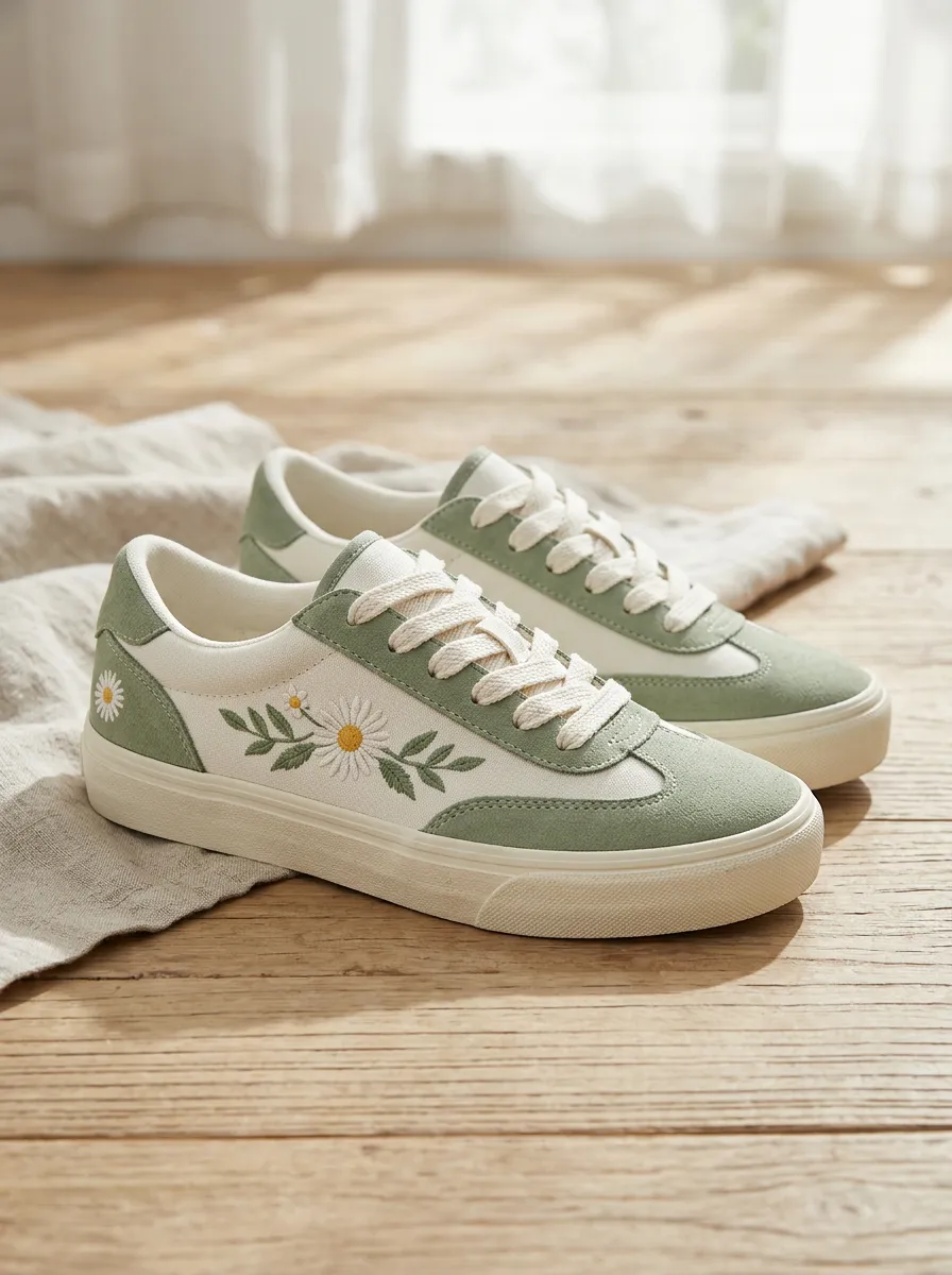 Women's Floral Daisy Sage Green Embroidered Printed Sneakers