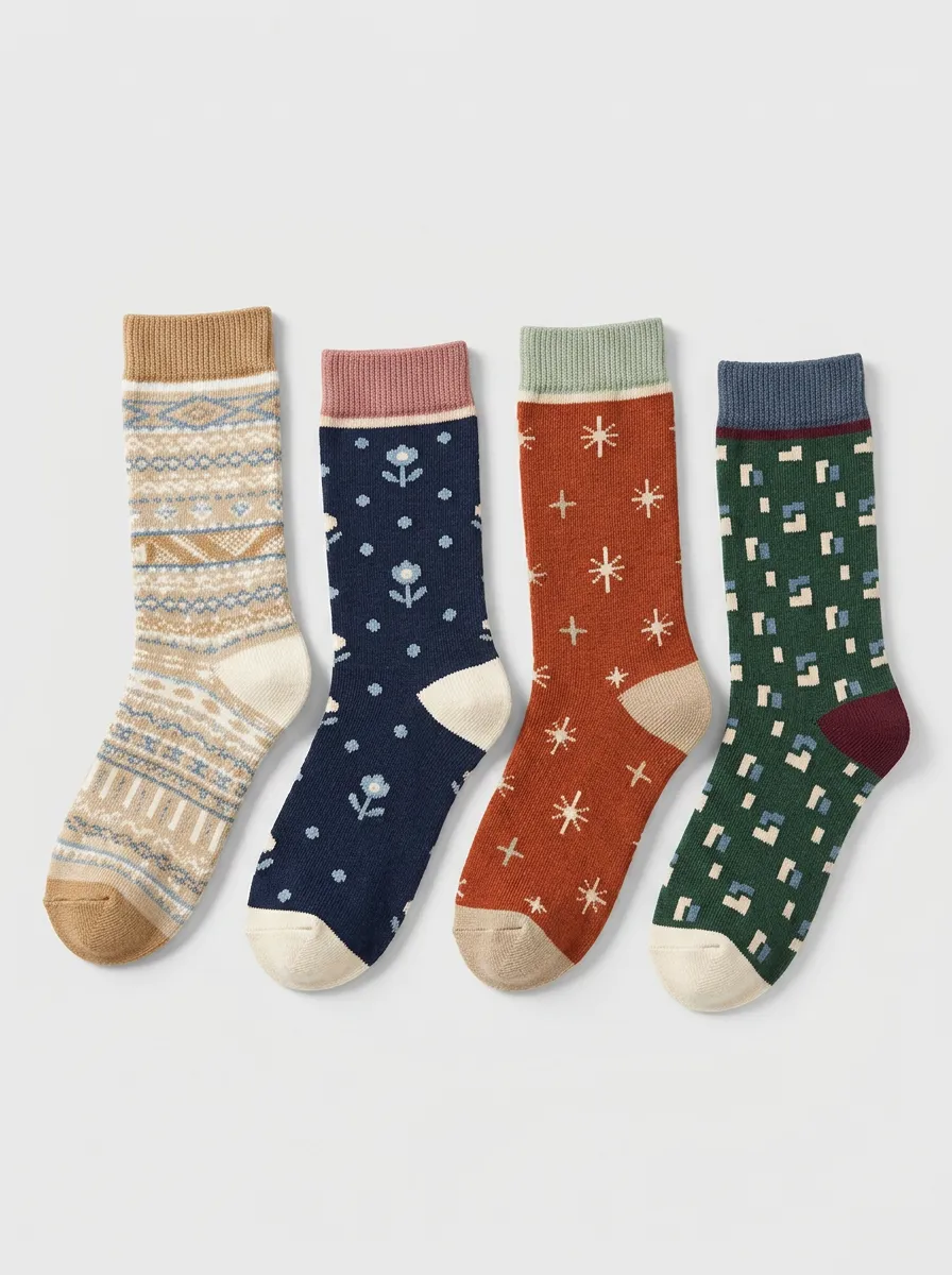 Geometric Floral Vintage Star Four-Pair Casual Socks