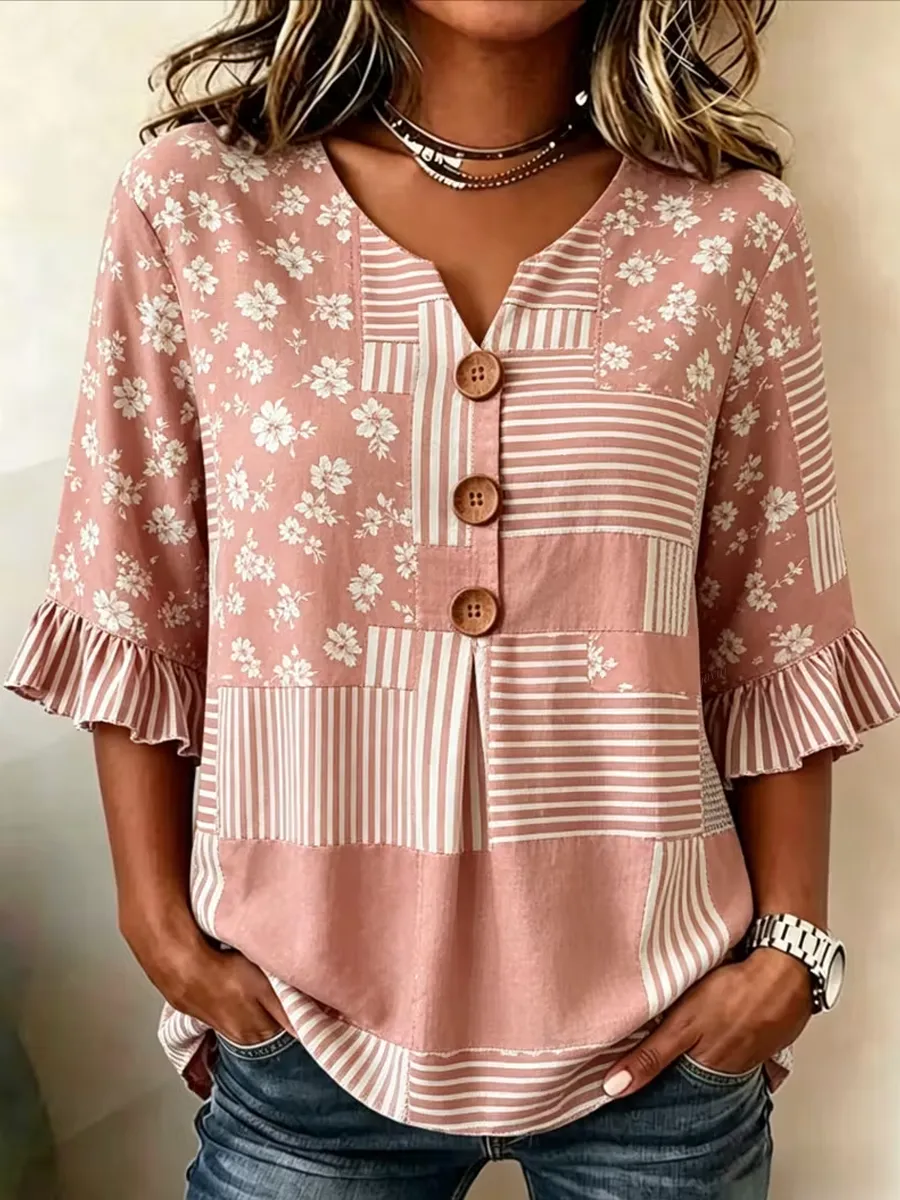 Women Striped V Neck Half Sleeve Blouse Printing Vintage Daily Summer Top