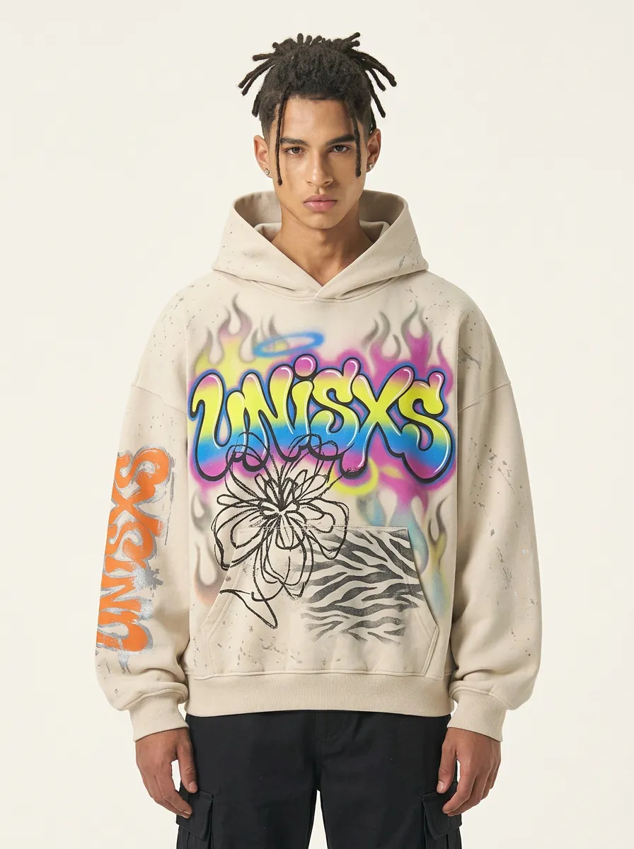 Unisex Streetwear Graffiti Flame Flower Graphic Hoodie