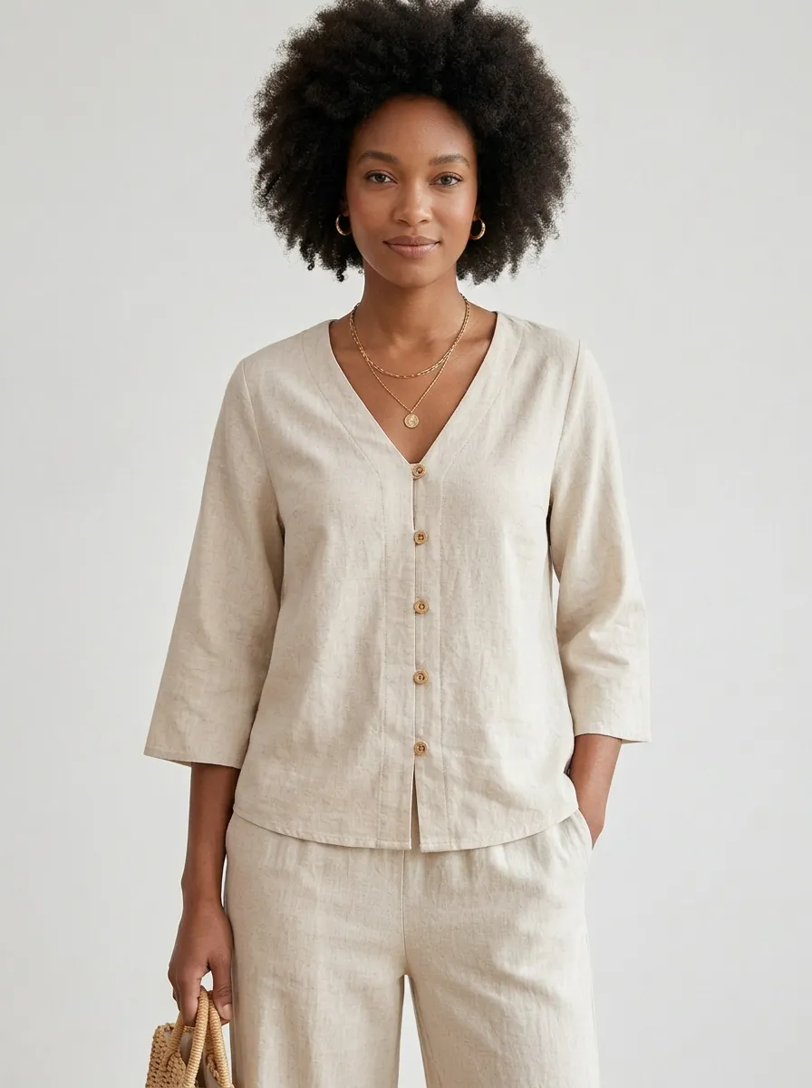Short-Sleeve Three-Quarter-Sleeve Women's V-Neck Casual Lounge Set
