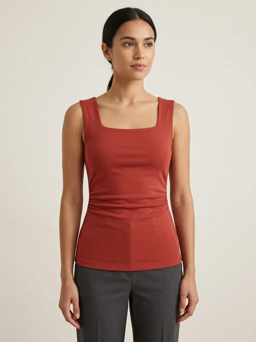 Minimal Square-Neck Waist-Ruched Ruched Tank Top