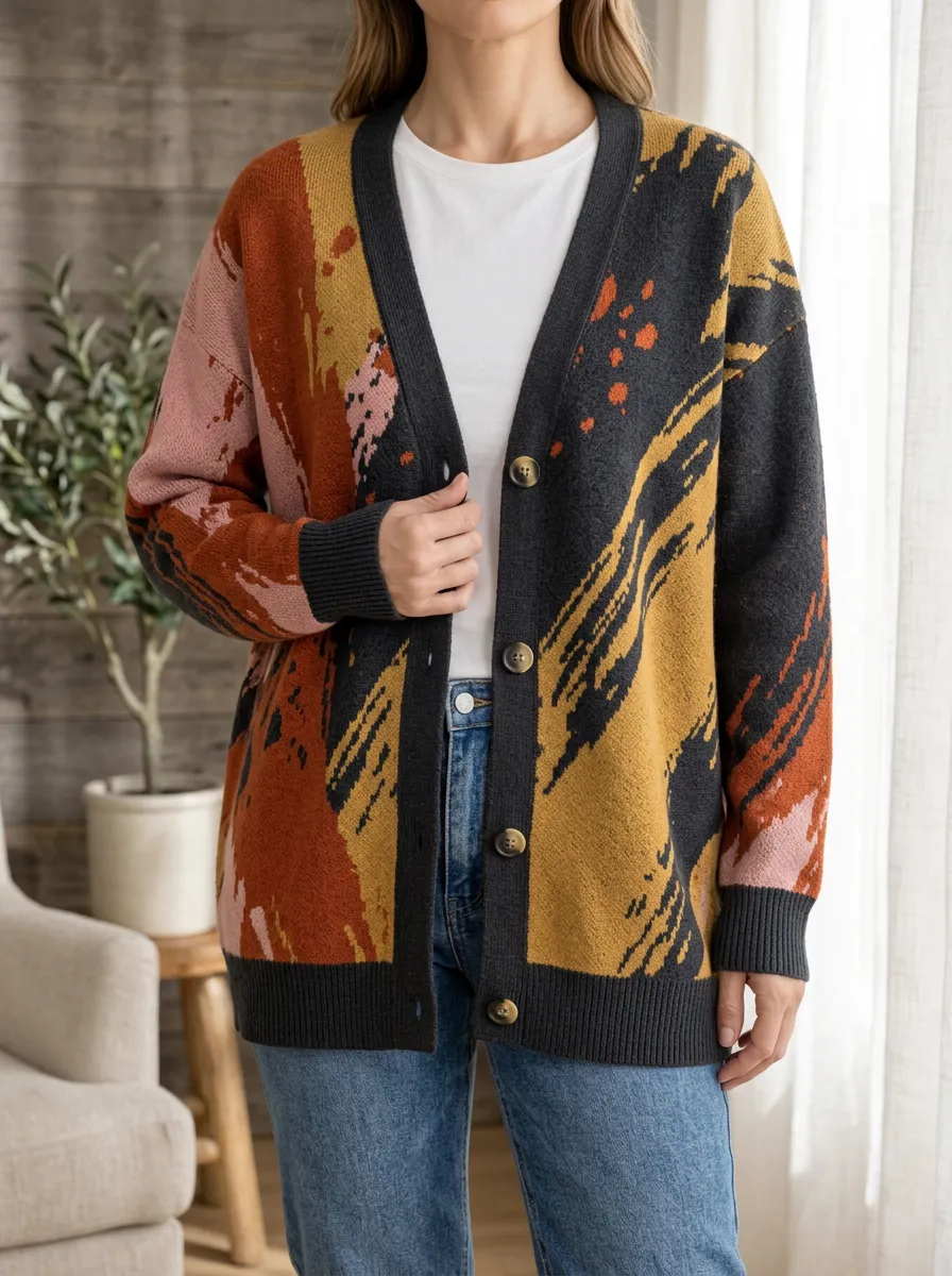 Women's Abstract Art Pattern Printed Button Front Casual Layering Cardigan