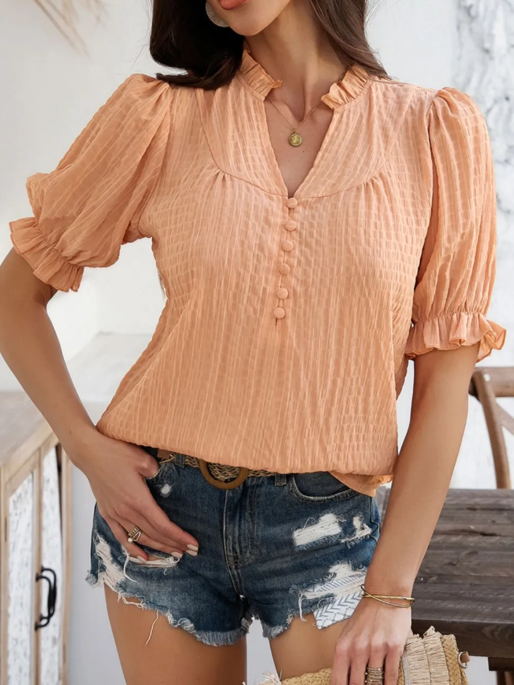 Notched-Neck Short-Sleeve Sheer Buttoned Blouse