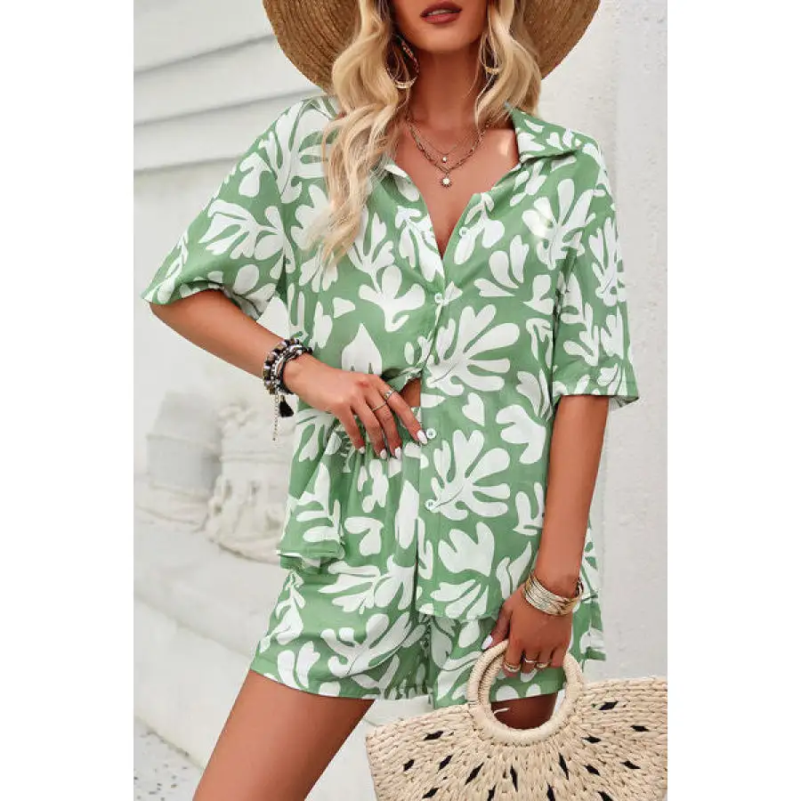 Vacation Printed Button Up Shirt and Shorts Set