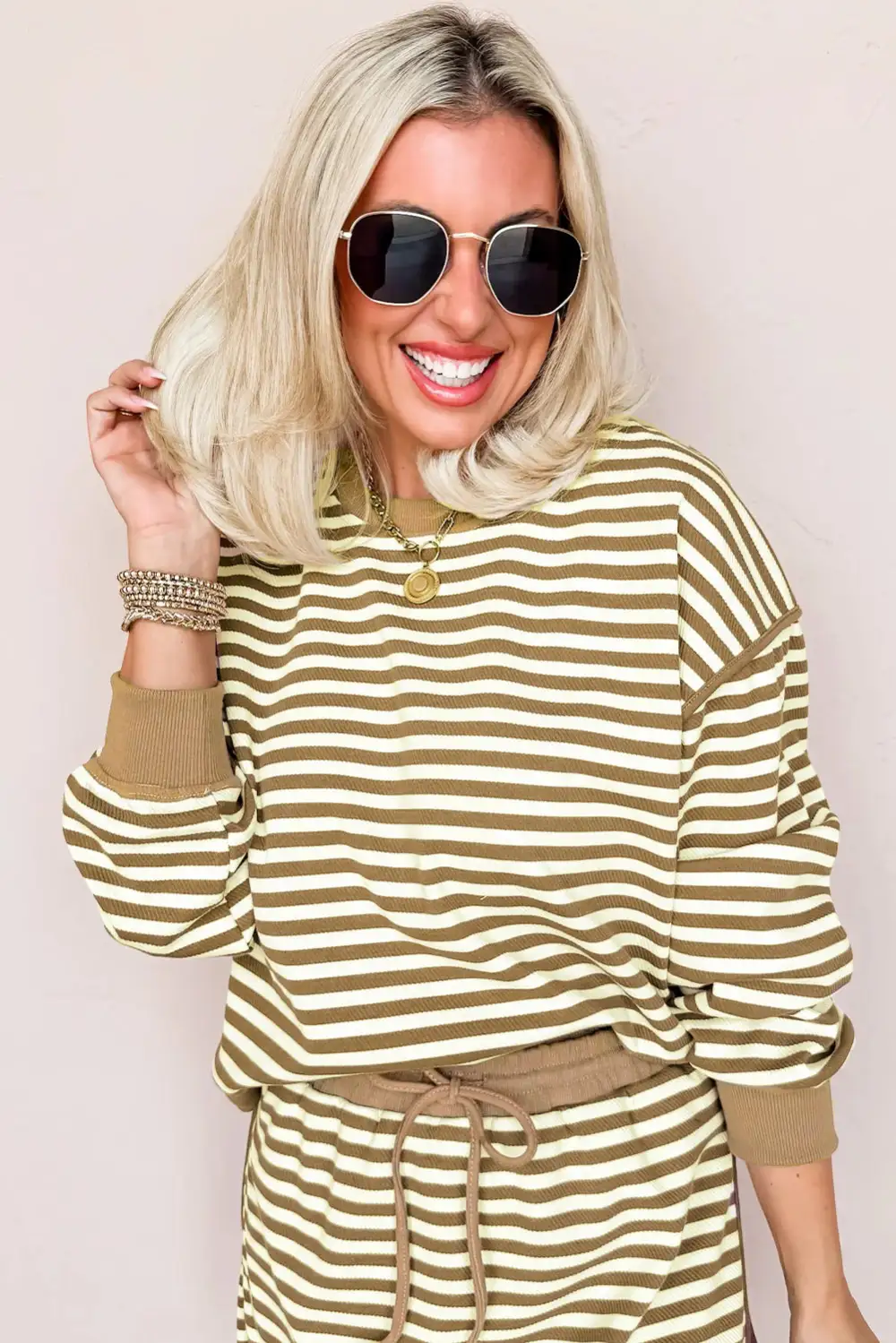 Lightweight Feel Striped Drawstring Drop Shoulder Skirt Set