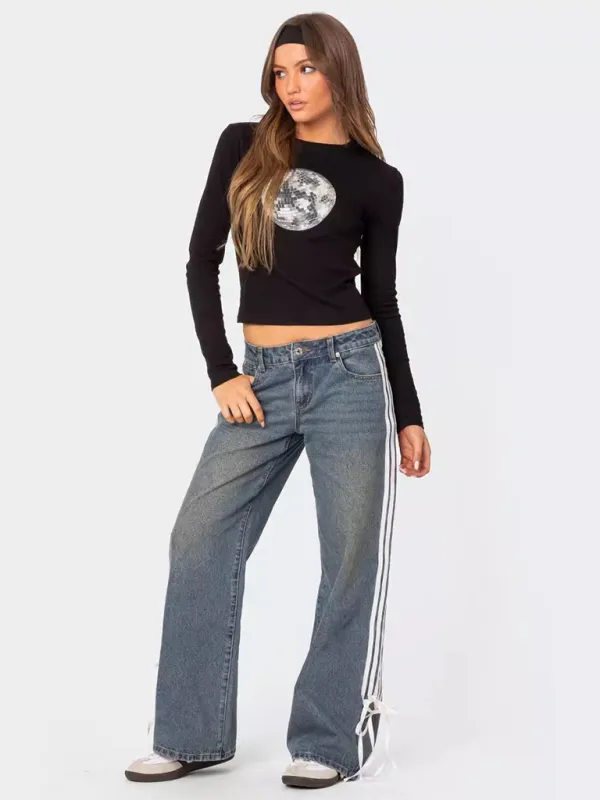 Casual Wide Leg Drawstring Denim Jeans
