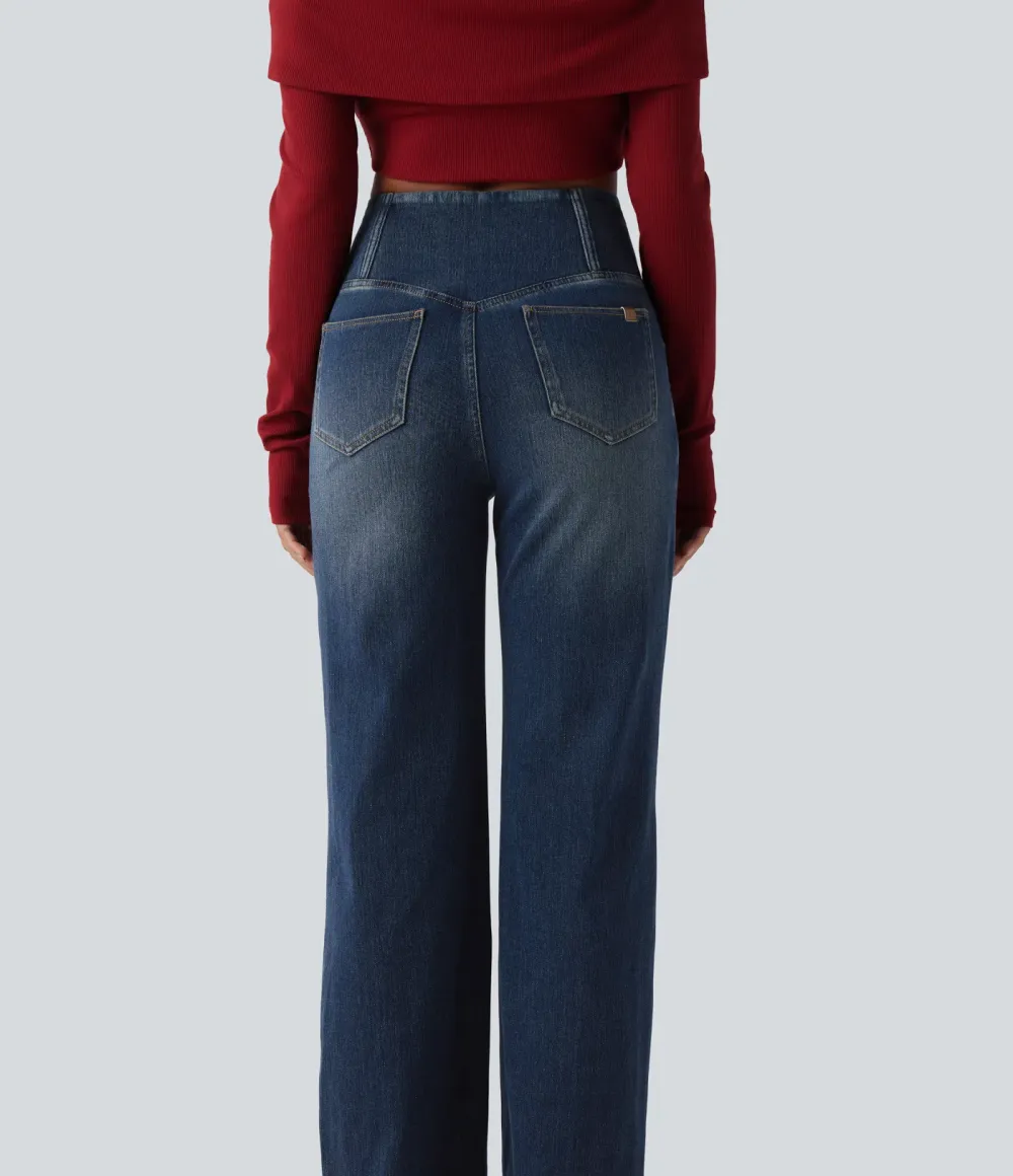 High-waisted, relaxed, crossover straight-leg jeans with  pockets