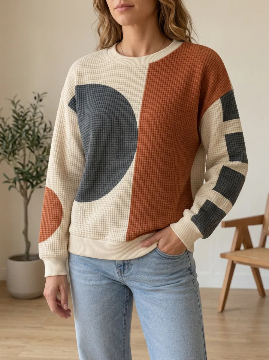 Women's Abstract Geometric Colorblock Waffle Knit Crewneck Sweatshirt