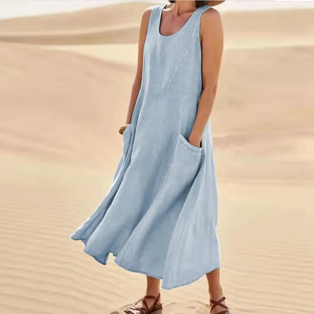 Sleeveless Linen Blend Cotton Blend Maxi Dress
